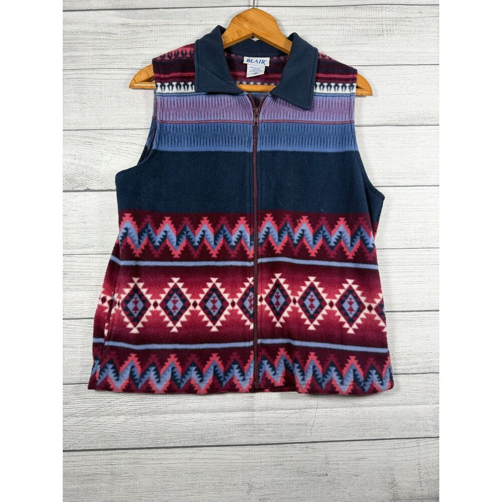 Blair Womens Medium Southwestern Geometric Fleece Full Zip Vest Blue Red 4103